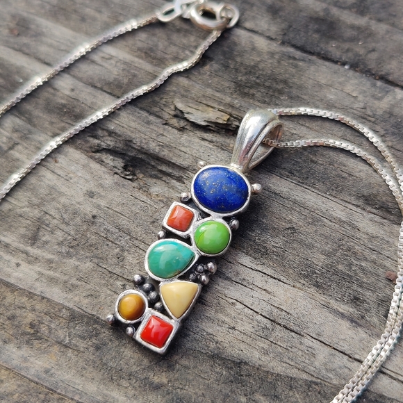 Vintage Sterling Multi Gemstone Pendant Necklace - Picture 7 of 8